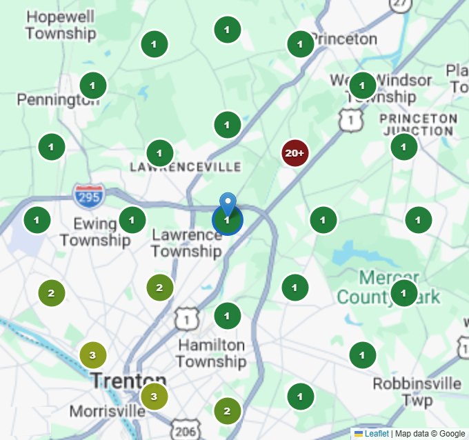 Real geo-grid scan for 'best dentist in lawrenceville': Imagine Advanced Dental Arts ranks #1 at most points on the Google map around Lawrenceville, NJ, in the Top 3 at 24 of 25 points